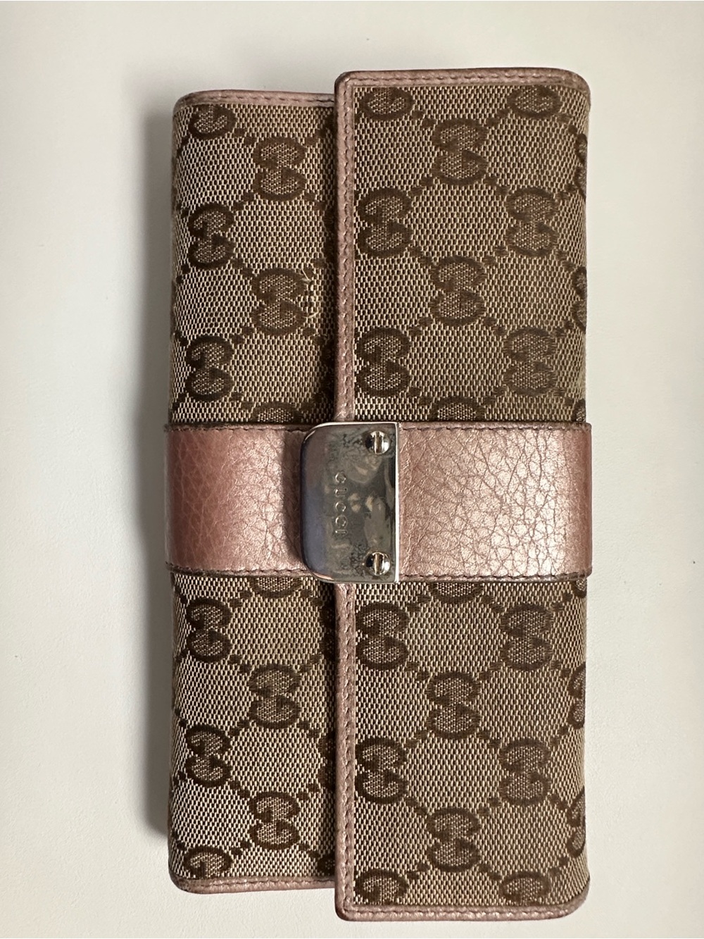 Authentic Gucci Brown Monogram Continental Wallet w/Metallic Taupe Strap & COA - Picture 2 of 16
